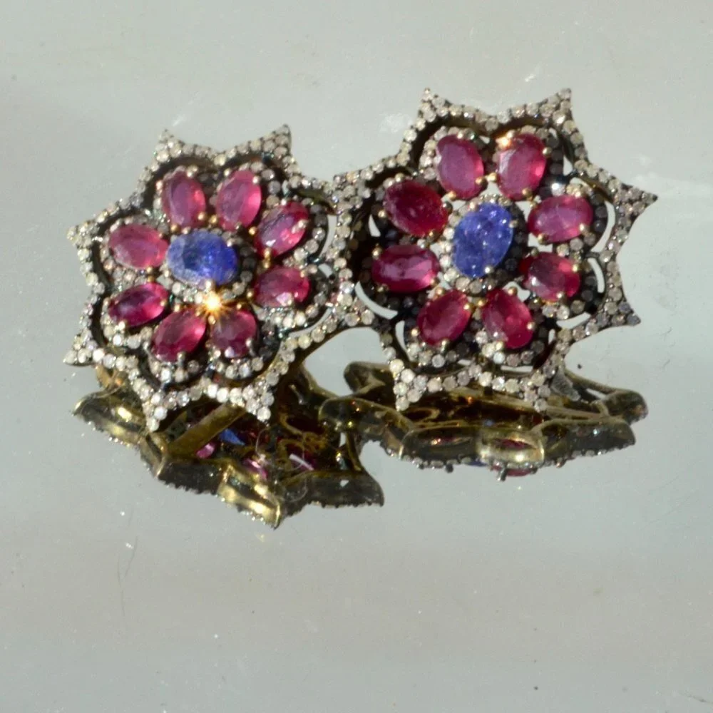 Genuine Ruby Sapphire Pave Diamond Gold Vermeil Sterling Silver 925 Earrings